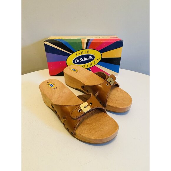 Dr Scholls Women Size 10 M Wood Exercise Clog Sandal Tan Leather Slide Shoe New - Picture 2 of 15